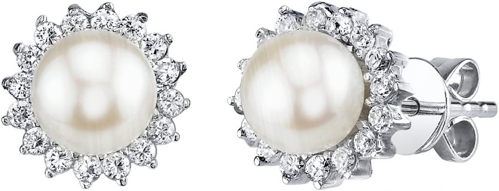 THE PEARL SOURCE 7-8mm Genuine White Freshwater Cultured Pearl & Cubic Zirconia Ariela Earrings for Women