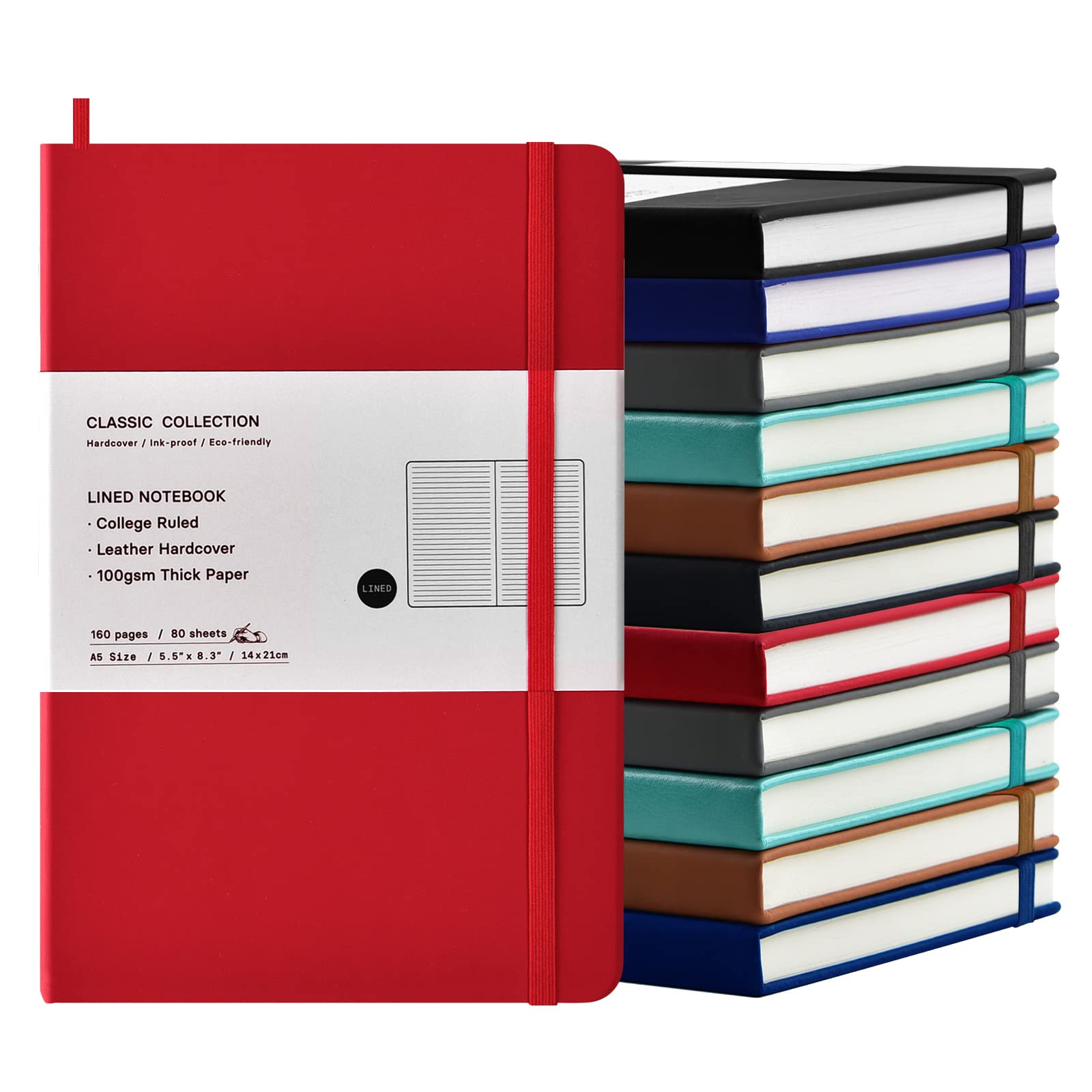 A5 Tagebuch, Notizbücher, klassisch, liniert, Hardcover, Kunstleder, liniert, Tagebücher für Büro, Zuhause, Schule, Business, 21,1 x 14 cm, 100 g/m² dickes Papier, 160 Seiten (12, mehrfarbig)