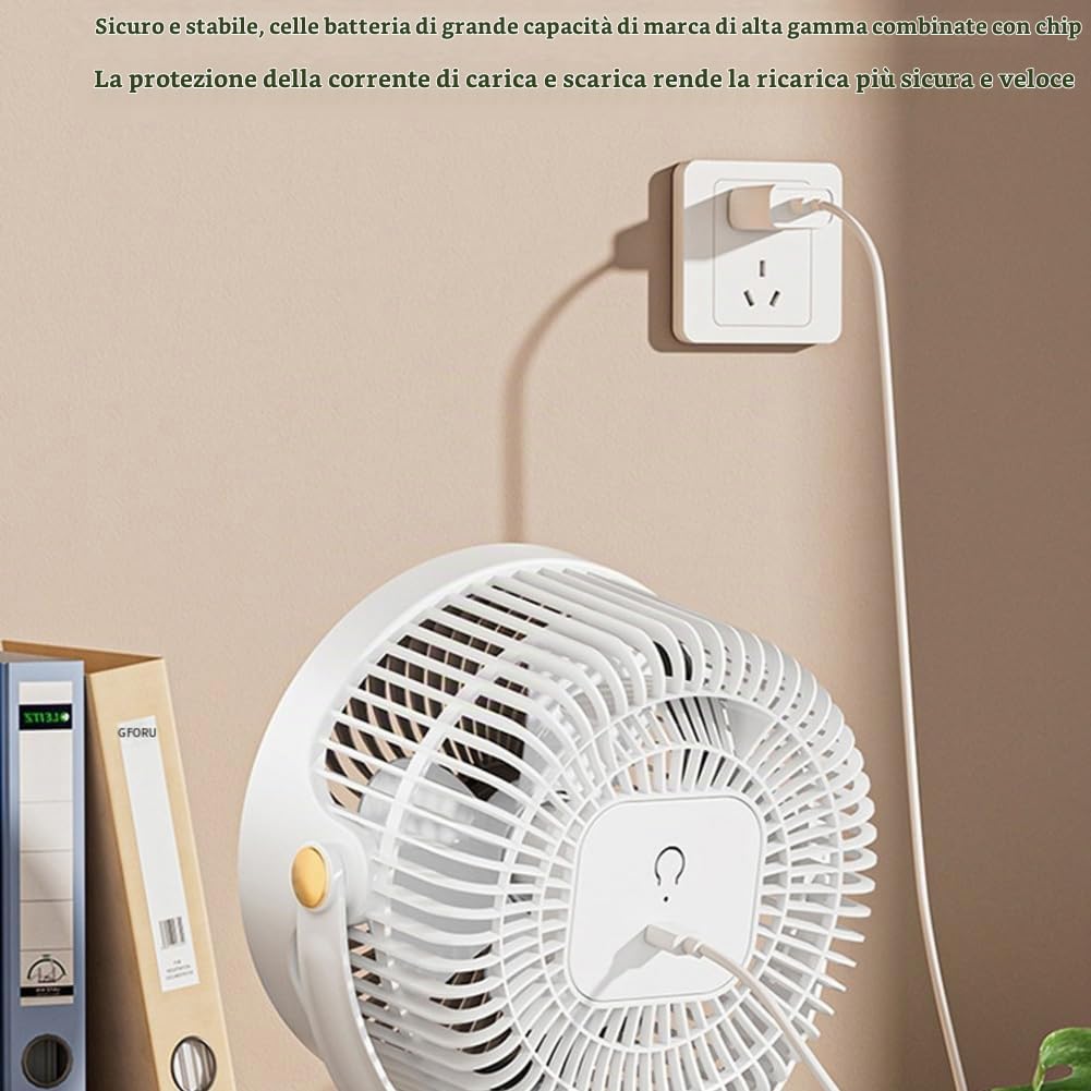 Ventilatore a piedistallo, 28–86,5 cm, regolabile, silenzioso, oscillazione a 360°, 5 velocità, 4000 mAh, ricaricabile tramite USB-C, con funzione aromaterapia per l'uso in camera da
