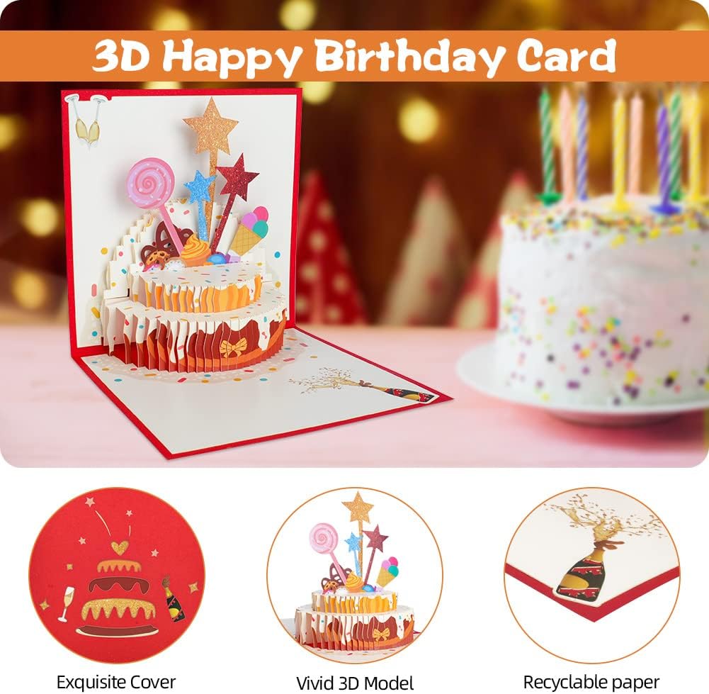 OFFCUP Birthday Card, 3D Pop Up Birthday Greeting Cards, Happy Birthday Card Pop Up Cards DIY Birthday Card Birthday Gift with Envelopes and paper jam for Women, Men, Kids, Friend (Star Cake) image 3