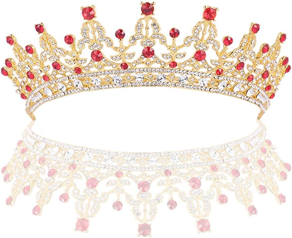 Amazon Co Jp ブライダル ティアラ パーソナリティ女王の王冠プリンセスティアラ手作りで高品質赤とクリアクリスタル 王冠 ティアラ 色 Gold ファッション