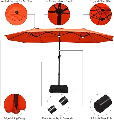Vista 8 de Tangkula Paraguas de doble cara para patio de 15 pies con base, sombrilla de mesa individual extragrande para exteriores con manivela Naranja