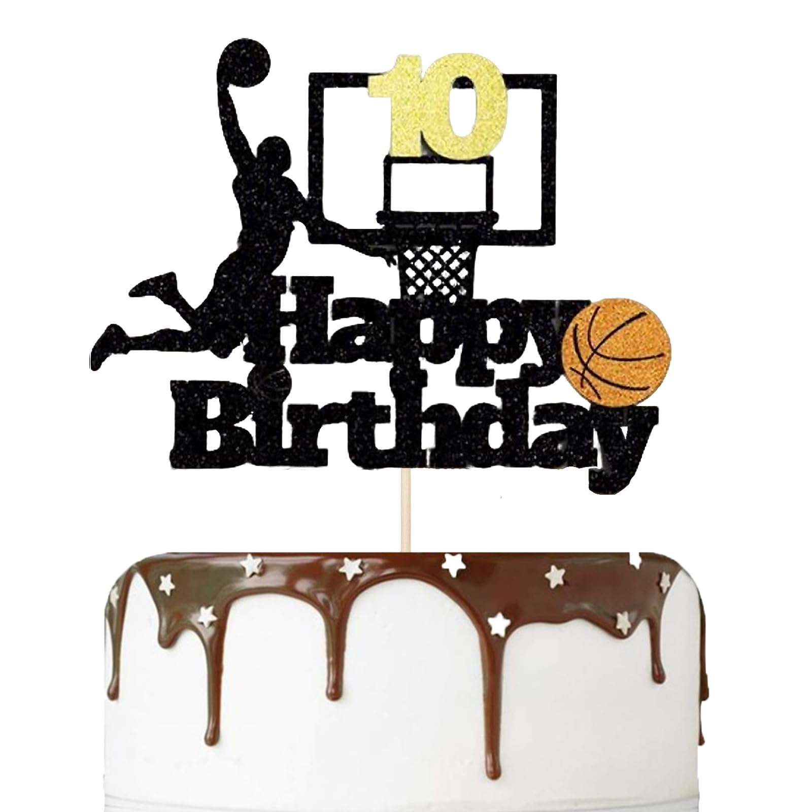 10th Birthday Cake Topper, 10th Birthday Decorations, Happy Birthdays Cake Decorations, HSC Black Glitter Basketball Dunking Design Cakes Pick for Boys, DIY 10 Years Old Birthday Party Supplies