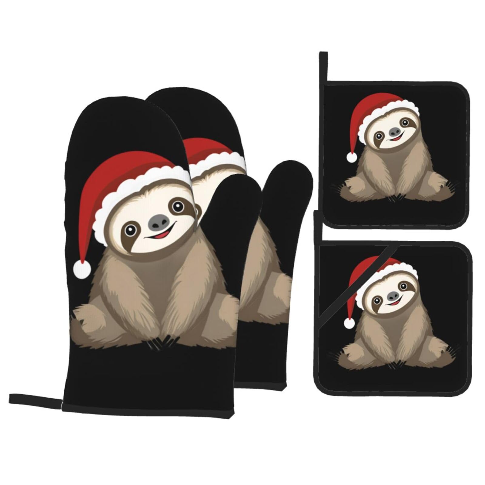 YYHWHJDE Super Cute Christmas Sloth Printed Kitchen Baking Set of 4 Thick Insulated Oven Mitt & Pot Holders, Anti-Scalding for Microwave, Oven, Outdoor BBQ
