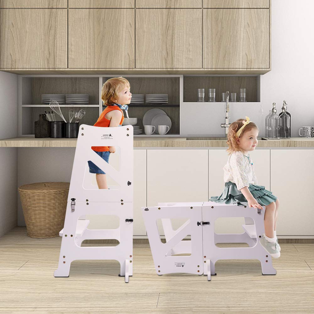 YOLEO Torre di apprendimento Transformer, Torre Montessori per bambini e neonati, pieghevole Learning Tower con lavagna bianca e nera magnetica, bianco - legno (White)