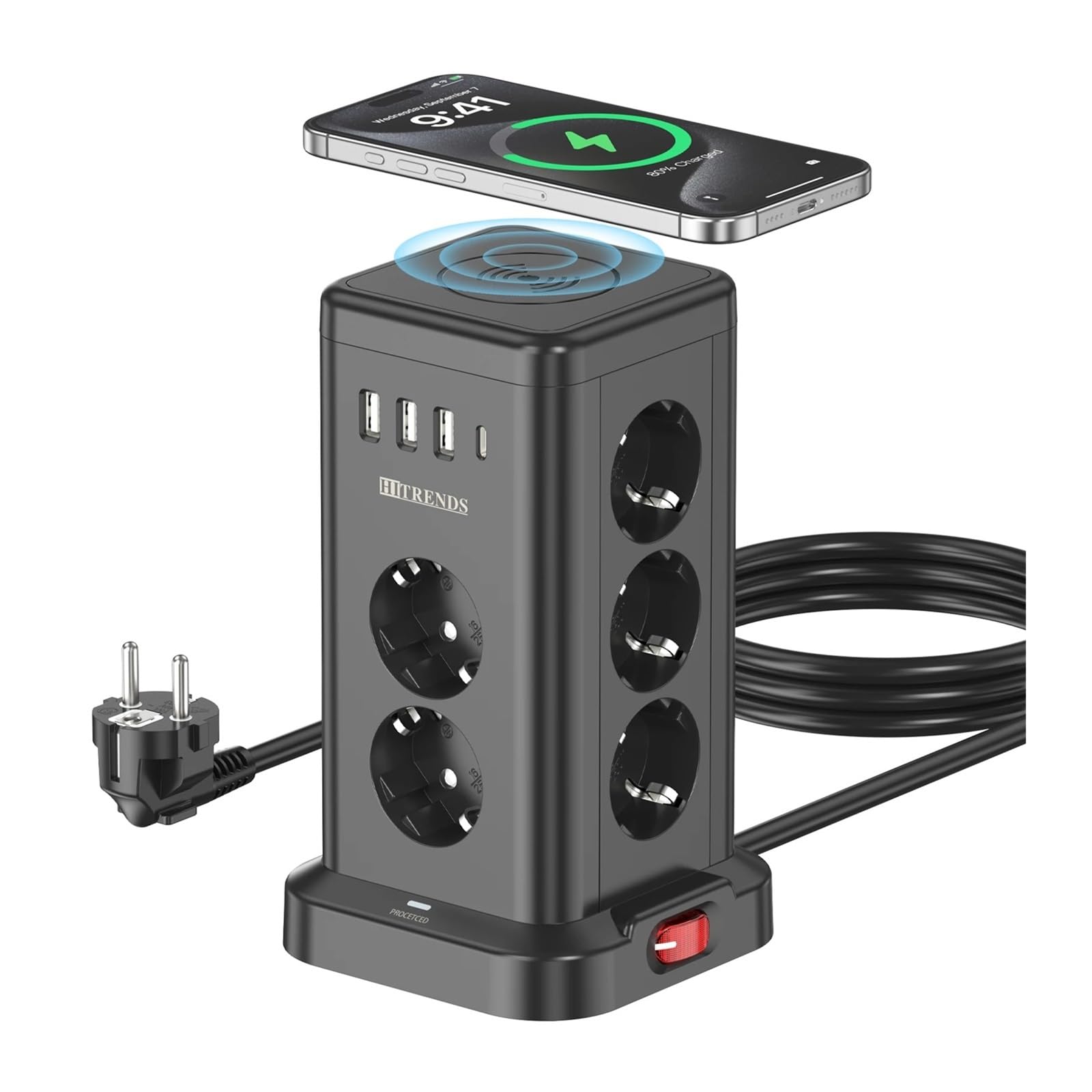 7/11AC EU Plug Power Board with Wireless Charger 3 USB 1 Type c Charging, 2m Extension Cable, Multiple Sockets for Home(11 Black)