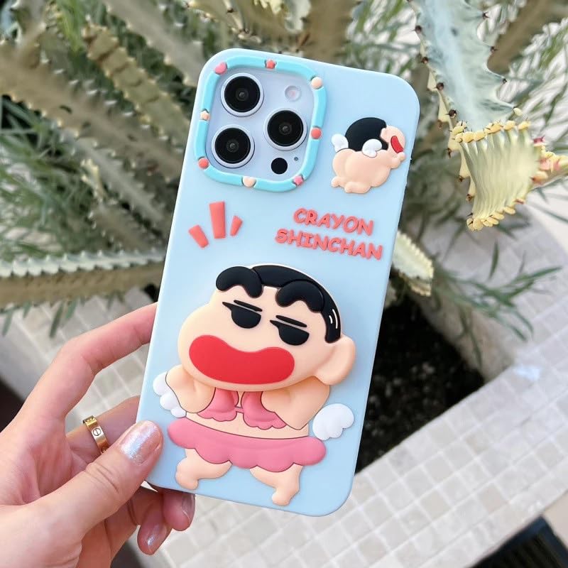 Image of COVERLY for iPhone 12 Pro 3D Cute Cartoon Crayon Shin-Chan Case,Full Protective Japanese Anime Cool Pop Back Case with Phone Holder Soft Silicon Blue Fashion Kawaii Cover for Apple iPhone 12 Pro