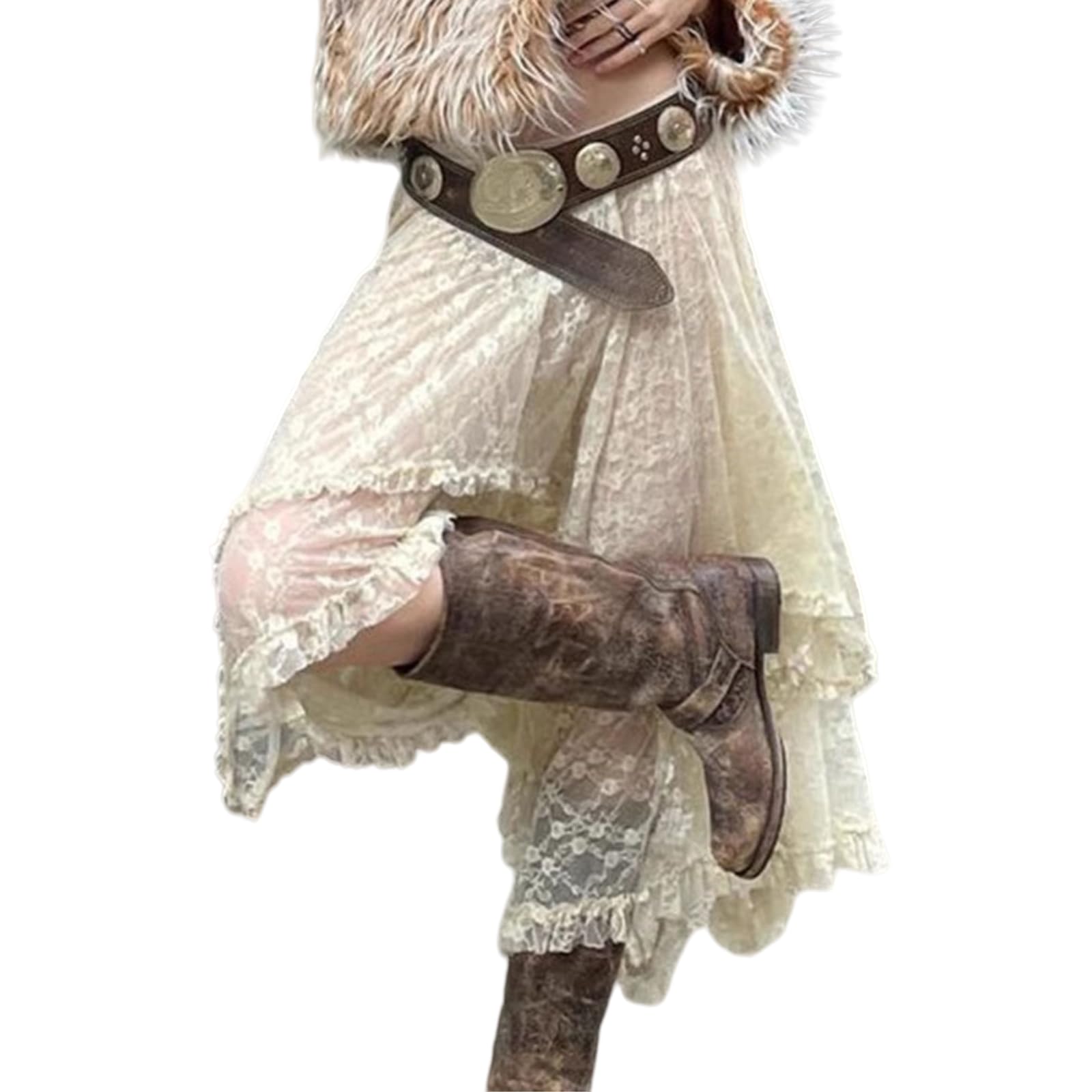 Abito Donna Pizzo Asimmetrica Midi Gonna Fairycore Boho Alta Vita Ruffle, Gonna-Beige-Waist Size 25 20" Skirt Length 31 50"