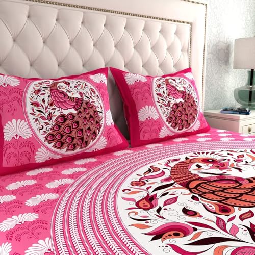 Image of La Verne 104 TC Cotton Double Bed Bedsheet Jaipuri Rajasthani Print Bedsheet with 2 Pillow Covers (Pink)