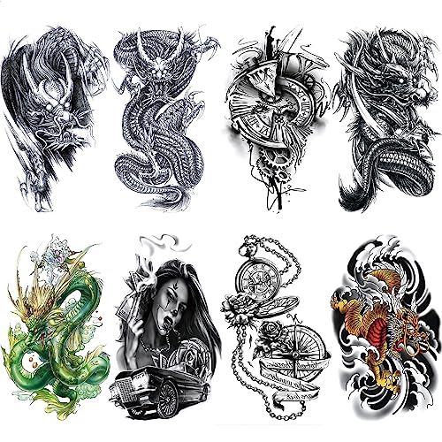 Realistic Dragon Tattoo Temporary for Men Adults, Large Black Color Dragon Tribal Fake Tattoo Women Half Sleeve, 3D Big Temp Tatoo Sticker Arm Chest Shoulder Body Art Makeup, 8-Sheet