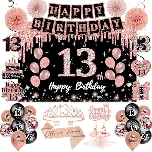 13th Birthday Decorations for Girls 51Pcs PRE-STRUNG Rose Gold Black Party Set-13 Years Old Crown and Sash Banner Backdrop Balloons Candle Hanging Swirls Paper Fans PRE-ASSEMBLED