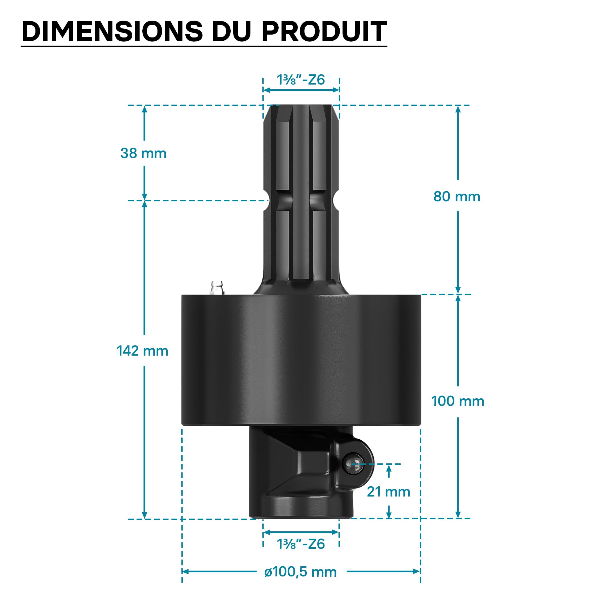 WilTec Embrayge à Roue Libre Arbre Cardan 201mm Filet Mâle Femelle 1 3/8" Arbre cannelé 6 Dents 2400Nm Max.