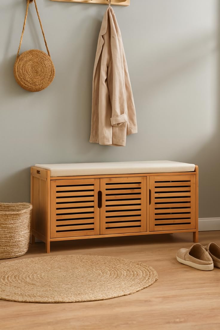 Meuble à chaussures en bambou avec banc d'assise, étagère à chaussures avec 3 compartiments, coussin, meuble à chaussures, pour entrée, 50 x 90 x 35 cm (Beige)