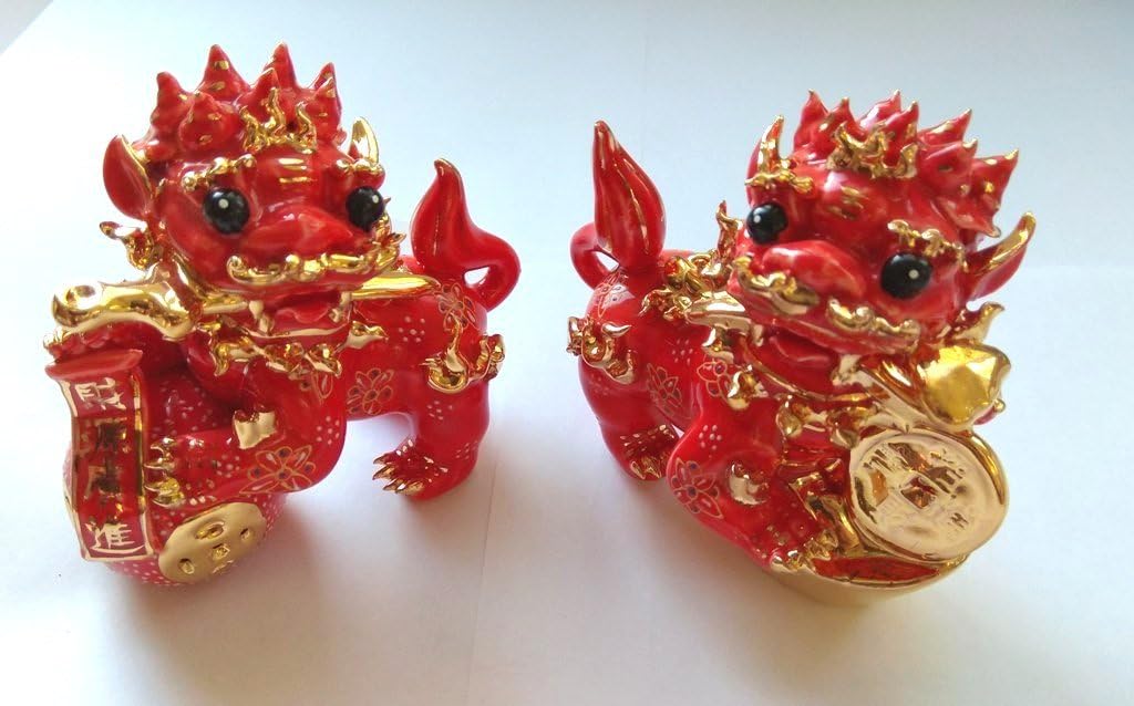 Feng Shui Pair of Fu Foo Dog Chinese Guardian Lion Statues - Hand Crafted and Decorated Fine Chinese Porcelain, Two Statues D04040 (Red)