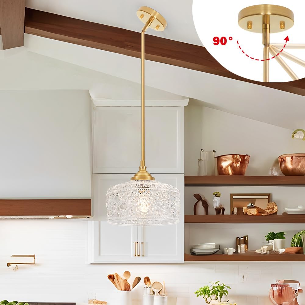 Gold Pendant Lights Kitchen Island, Vintage Bathroom Pendant Light With Clear Glass Shade, Adjustable Height Pendant Light - Dual Mount Ceiling & Hanging Fixtures With 90° Swivel For Home, E26 Bulb