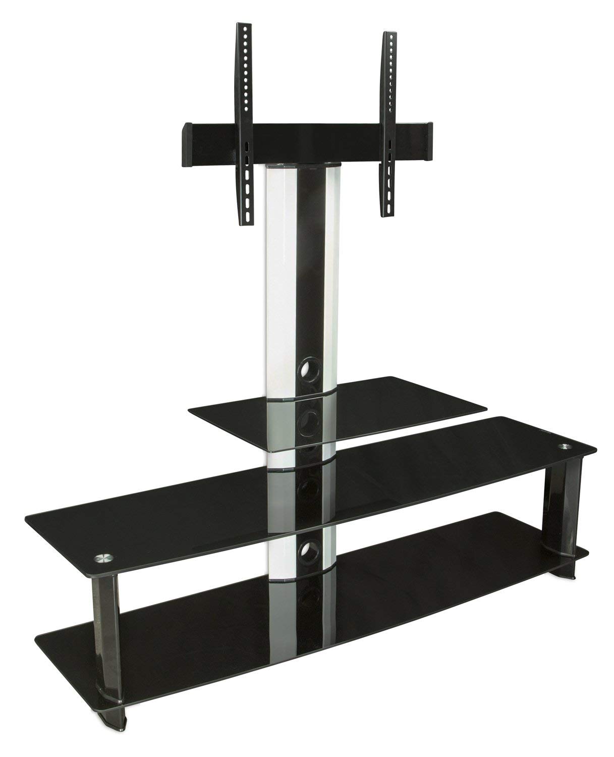 Mount-It! MI-869 TV Stand with Mount, Entertainment Center for Flat Screen TVs Between 32 to 60 Inch, 3 Glass Shelves and Aluminum Columns, VESA Compatible TV Mount, Black/Silver