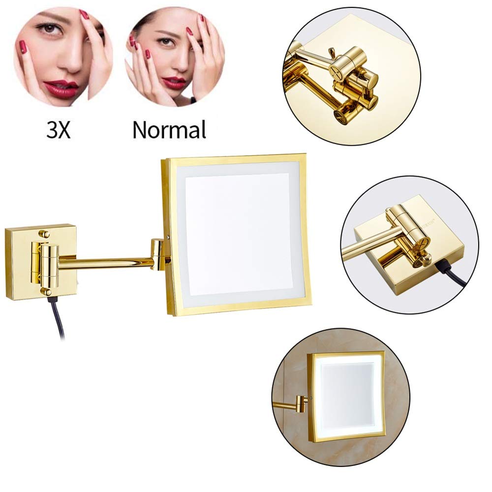GuyAna Specchio cosmetico a Parete, Specchio da Bagno Pieghevole da Barba ingranditore Illuminato in Ottone Dorato a LED da 8,5 Pollici con luci, con Interruttore Elettrico, Decorazione 5