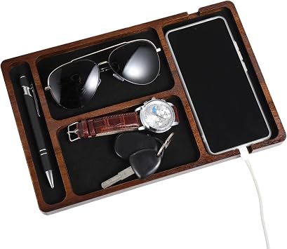 Homaisson 11.67.70.6" Wood Valet Tray for Men, Key Tray for Men, Acacia Wood Mens EDC Storage Dish for Nightstand, Desk Trays with Phone and Watch Slots