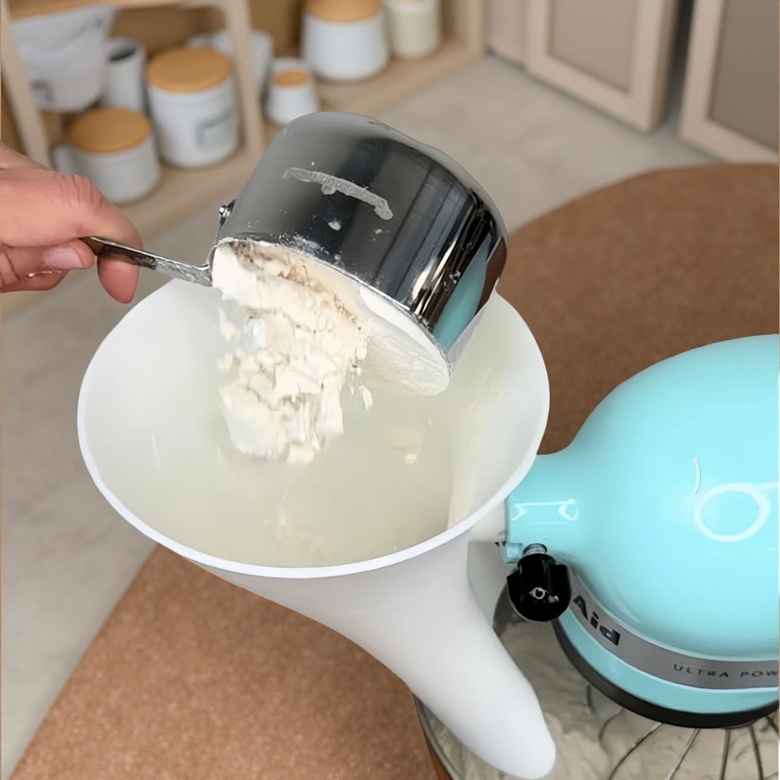 Lejek do mąki dla Kitchenaid Kitchen Aid Flour Funnel do miksera, blendera stojącego, zestaw KSM150, silikonowy dodatek do maszyny kuchennej, silikonowy lejek do mąki, akcesorium kuchenne (E)