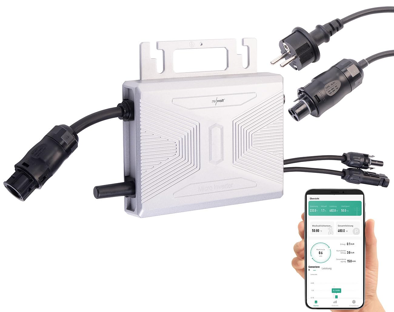 revolt Microinverter: WLAN-Mikroinverter für Solarmodule, 400 W, App, geprüft (VDE-Normen) (Solar-Wechselrichter WLAN, Micro-Wechselrichter mit, Tracker)