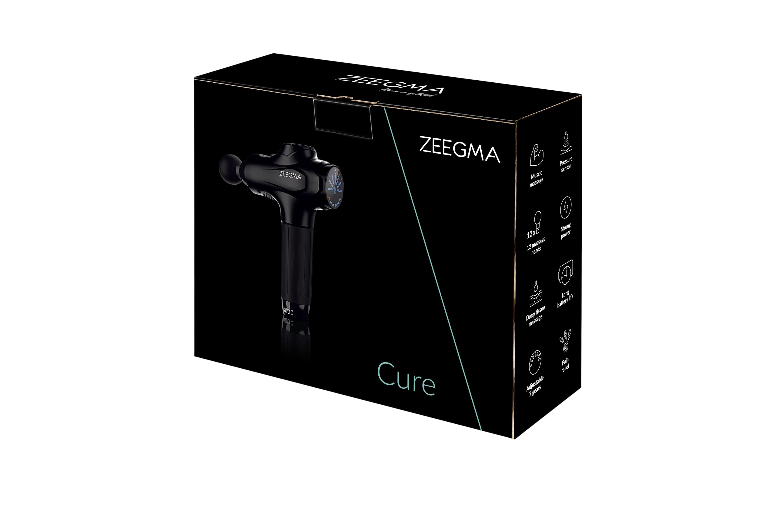 ZEEGMA CURE Pistolet do Masażu Mięśni Głębokich, Masażer z Ekranem Dotykowym LCD do Masażu Pleców Ramion nóg, 12 Głowic Masujących, 7 Prędkości, Praca 3-6 h