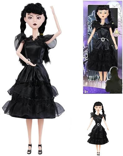 Muñeca negra de 11.5 pulgadas, vestido negro, más cabeza de pelo, labios de vino, zapatos negros actualizados, regalos de cumpleaños para niños y