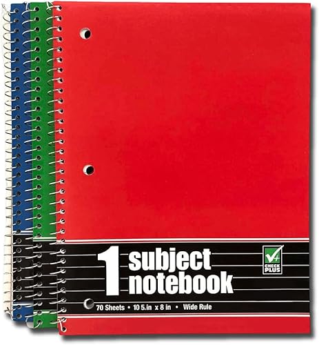 AUKSales Cuaderno de espiral de 1 materia con rayas anchas, paquete de 12 unidades, 70 hojas por cuaderno, 8 x 10-12 pulgadas, 3 agujeros