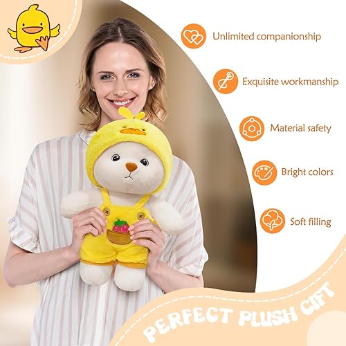 Miniatura 6 de Oso de peluche, pequeño y lindo oso de peluche, juguetes de peluche transformables con ropa y sombrero (pato amarillo, 10 pulgadas)