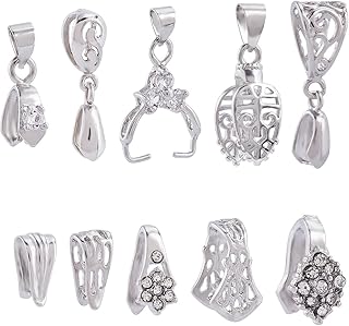SUNNYCLUE 1 Box 50Pcs Pinch Bails Pendant Bail Connector Silver Brass Pinch Clasps Filigree Rhinestone Snap on Bails Ice Pick Pinch Bail Hooks with Hanging Loops for Jewelry Clasps DIY Craft Supplies