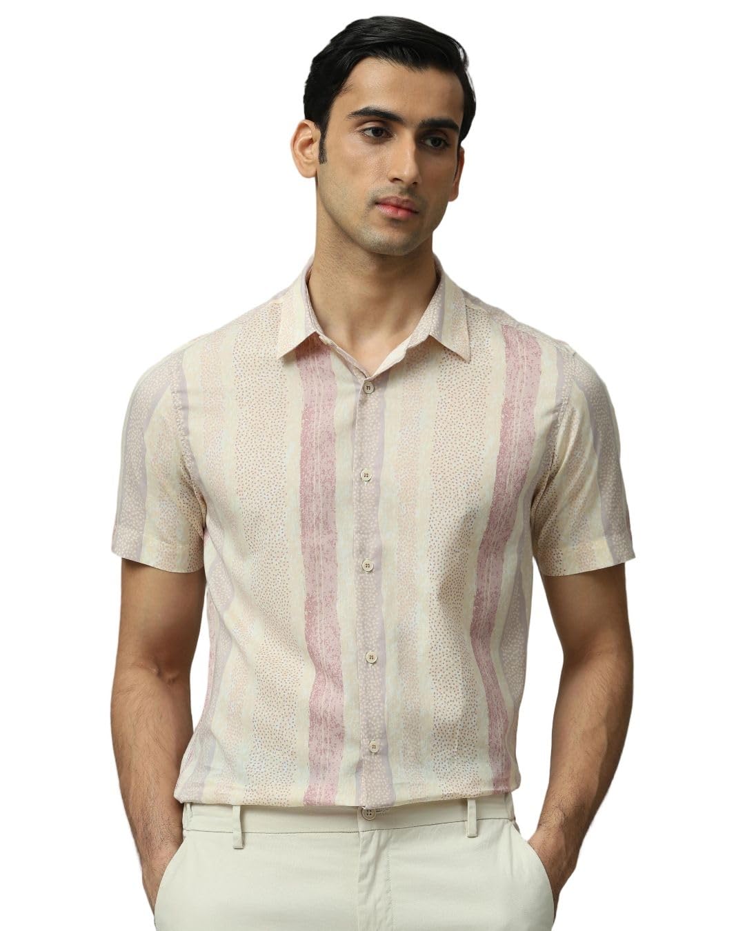 MUFTI Light Pink Vertical-Stripes Slim Fit Shirt