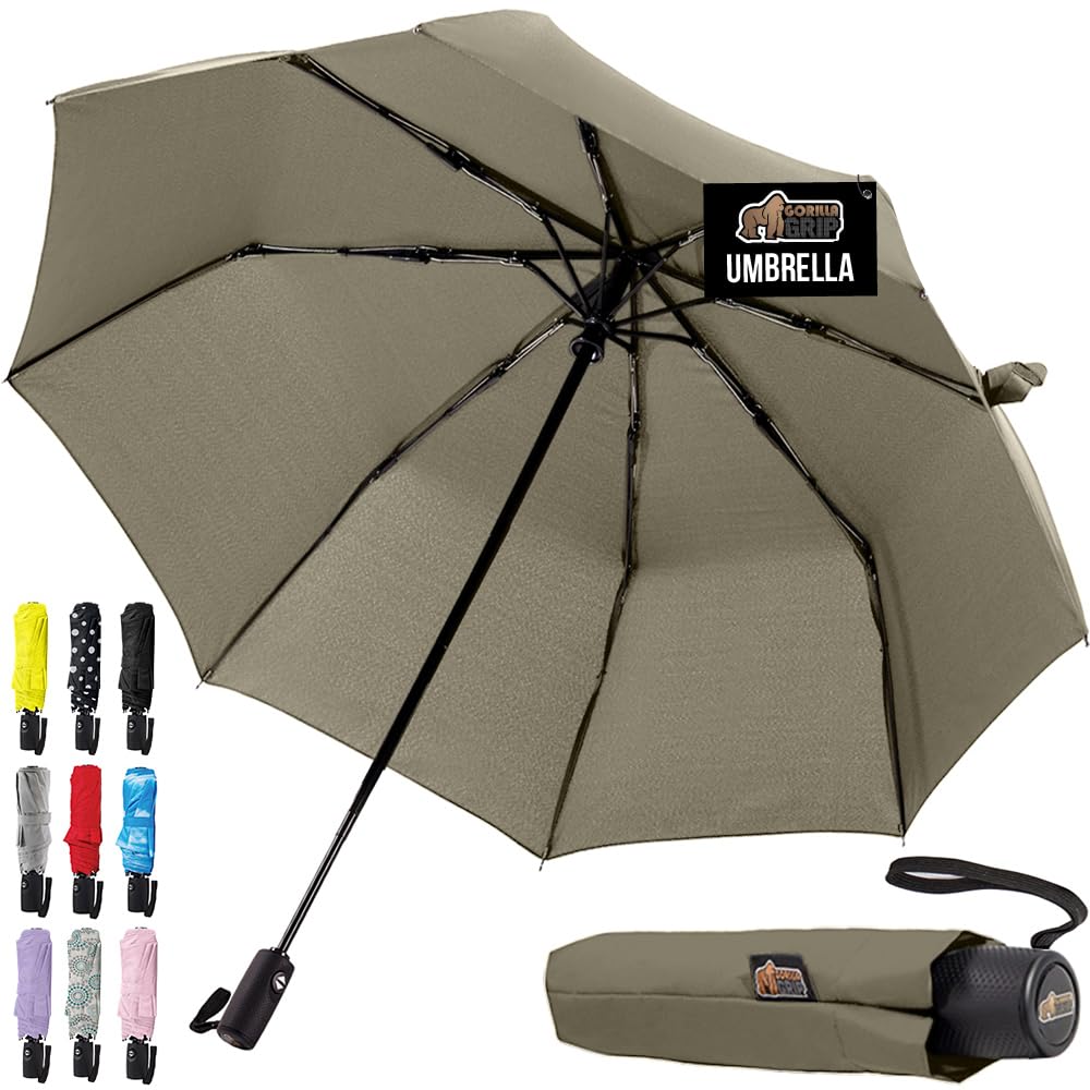 GORILLA GRIP Strong Windproof Stick Compact Umbrella for Rain, One-Click Automatic Open and Close, Durable Quick Dry Waterproof Material, Lightweight and Portable, Travel Size Fits Backpack, Beige