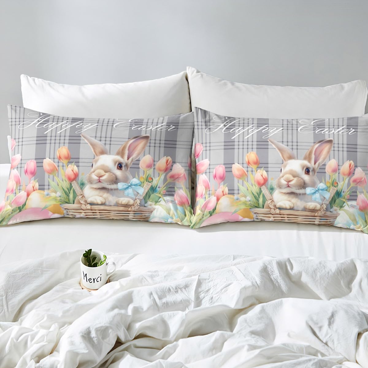 Cartoon Easter Rabbits Duvet Cover Toddler Size,Waterclor Pink Tulip Comforter Cover with 1 Pillowcase,Rustic Farmhouse Eggs Bedding Set 2pcs for Kids Bedroom Decor,Grids Quilt Cover