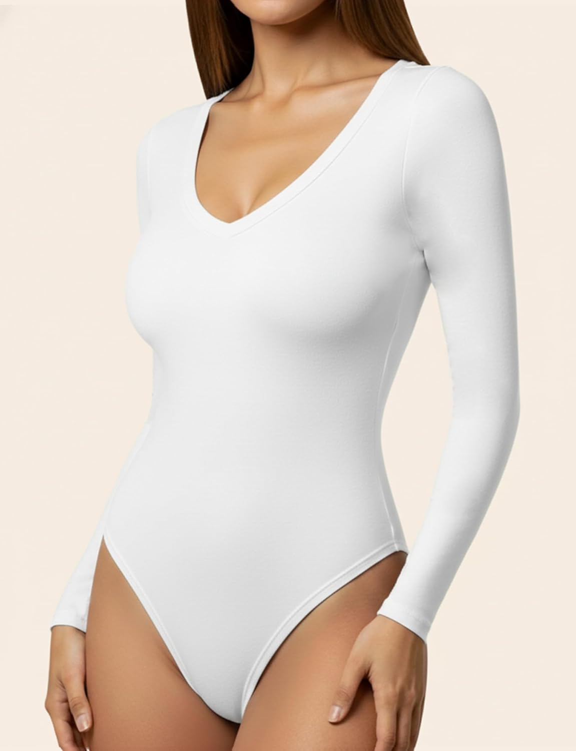 YOGINGO Women's Long Sleeve Deep V Neck Bodysuits Tops Going Out Body Suits for Women Fashion Jumpsuits Outfits Halloween Fall Outfits Dupe Tummy Control White XS - Image 3