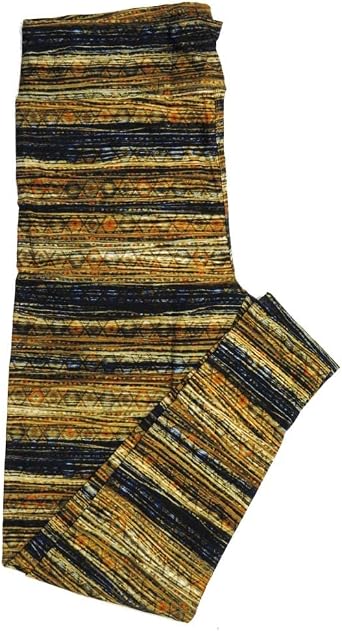 Lularoe One Size OS Horizontal Stripes with Subtle Hexagon Pattern Multi-Color with Blue Tan and Brown Buttery Soft Leggings - OS fits Adults 2-10 445426