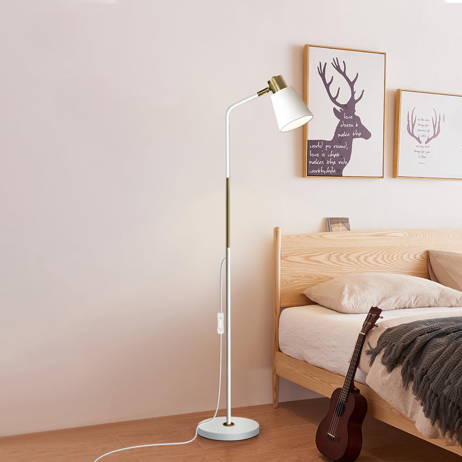 LALISU Stehlampe Industrielle Wohnzimmer Rustikale Bauernhaus Leselampe mit Metll Lampenshirm, Klassische Modern Standleuchte mit E27 LED Warmweiß Birne für Wohnzimmer, Schlafzimmer, Büro (Weiß)