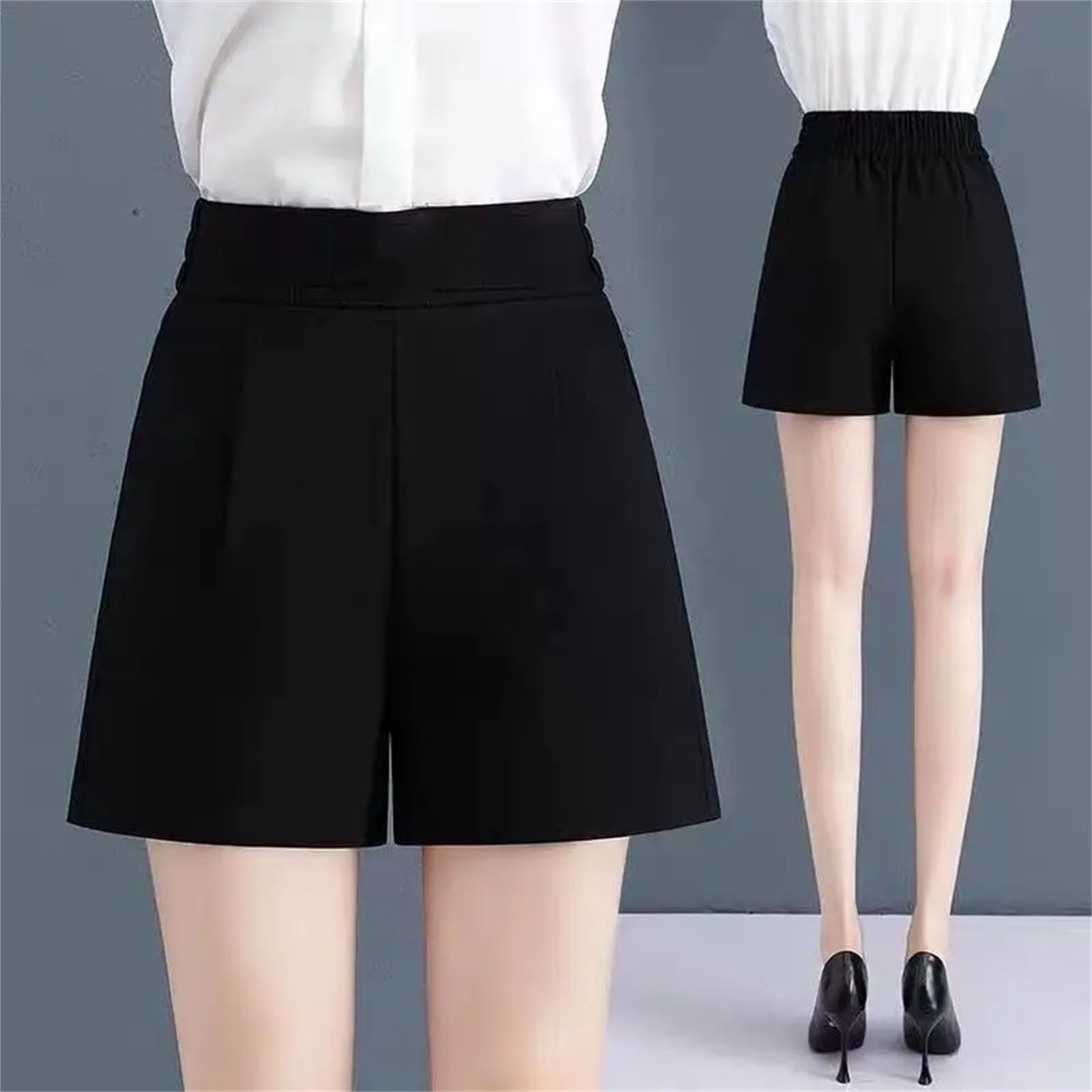 Ufficio Signora di Modo Metallo Spliced Shorts Abbigliamento Donna Elegante All-Match Tinta unita Elastico Vita Alta Pantaloni