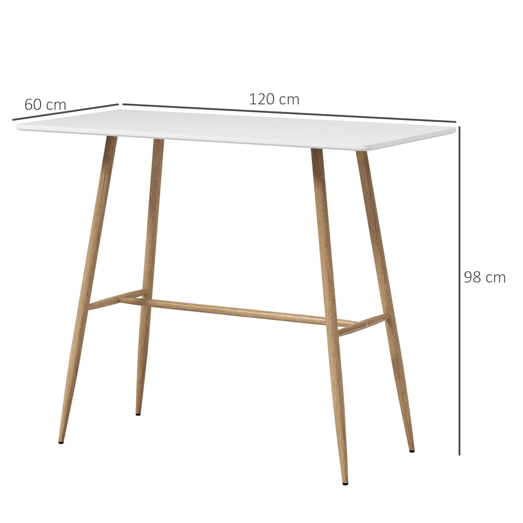 HOMCOM Table de Bar rectangulaire pour 4 Personnes, Table Haute avec Pieds en Acier Effet Bois, Table Bistro Facile à Monter, pour Bar à Domicile, Salle à Manger, 118 x 58 x 98 cm, Blanc