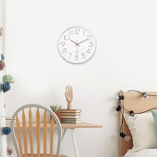 Miniatura 3 de Lafocuse Reloj de pared de 12 pulgadas con números 3D de oro rosa y blanco para decoración de sala de estar, moderno reloj de pared de cocina,