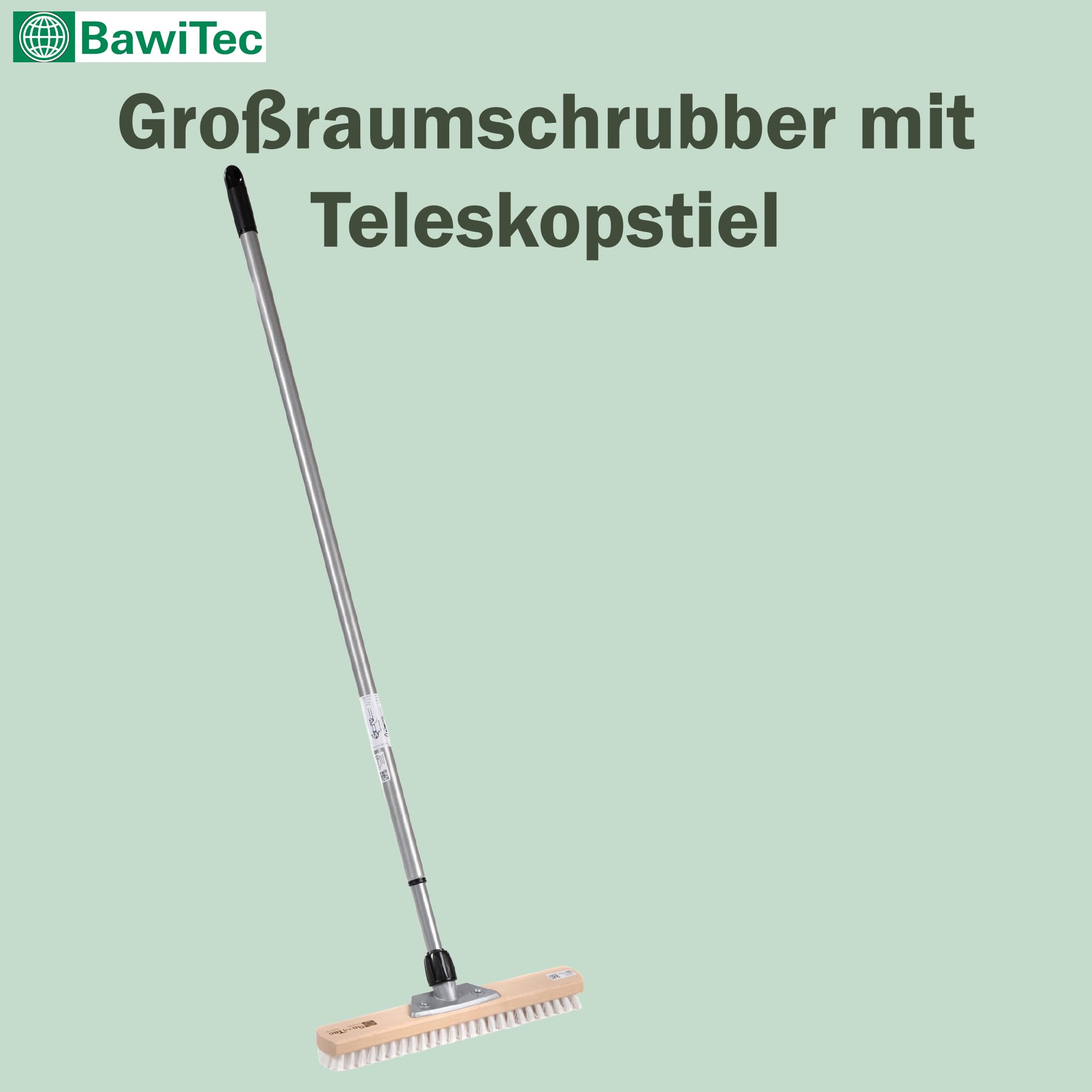 BawiTec Qualitäts Großraumschrubber 40cm mit Teleskopstiel Verstellbar 200cm PPN-Borsten Weiß Stabiler Bodenschrubber Schrubberbürste aus Holz für Haushalt, Küche, Bad, Gastro, Gewerbe