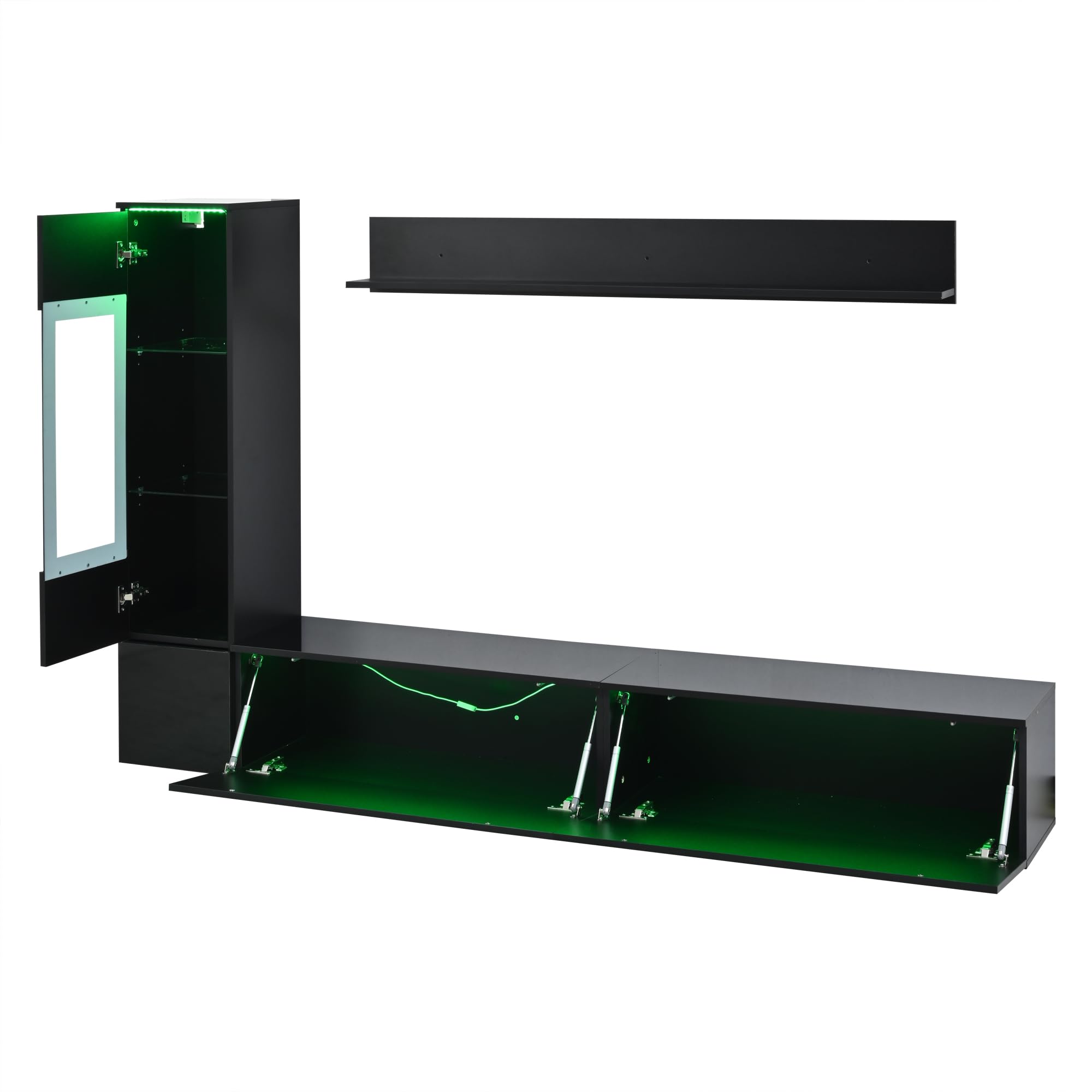 TIZZ Juego de pared para TV (3 piezas, iluminación LED, 1 armario de TV de hasta 80 pulgadas, 1 vitrina para salón, 1 estante colgante), color negro brillante