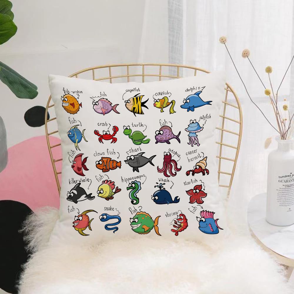 HYOSXW Cushion Cover,Throw Pillow Case Home Decorative for Living Room Bedroom Sofa Chair 16X16 Inch,Cartoon, collection of marine creatures paintings,Pillowcase 40X40cm
