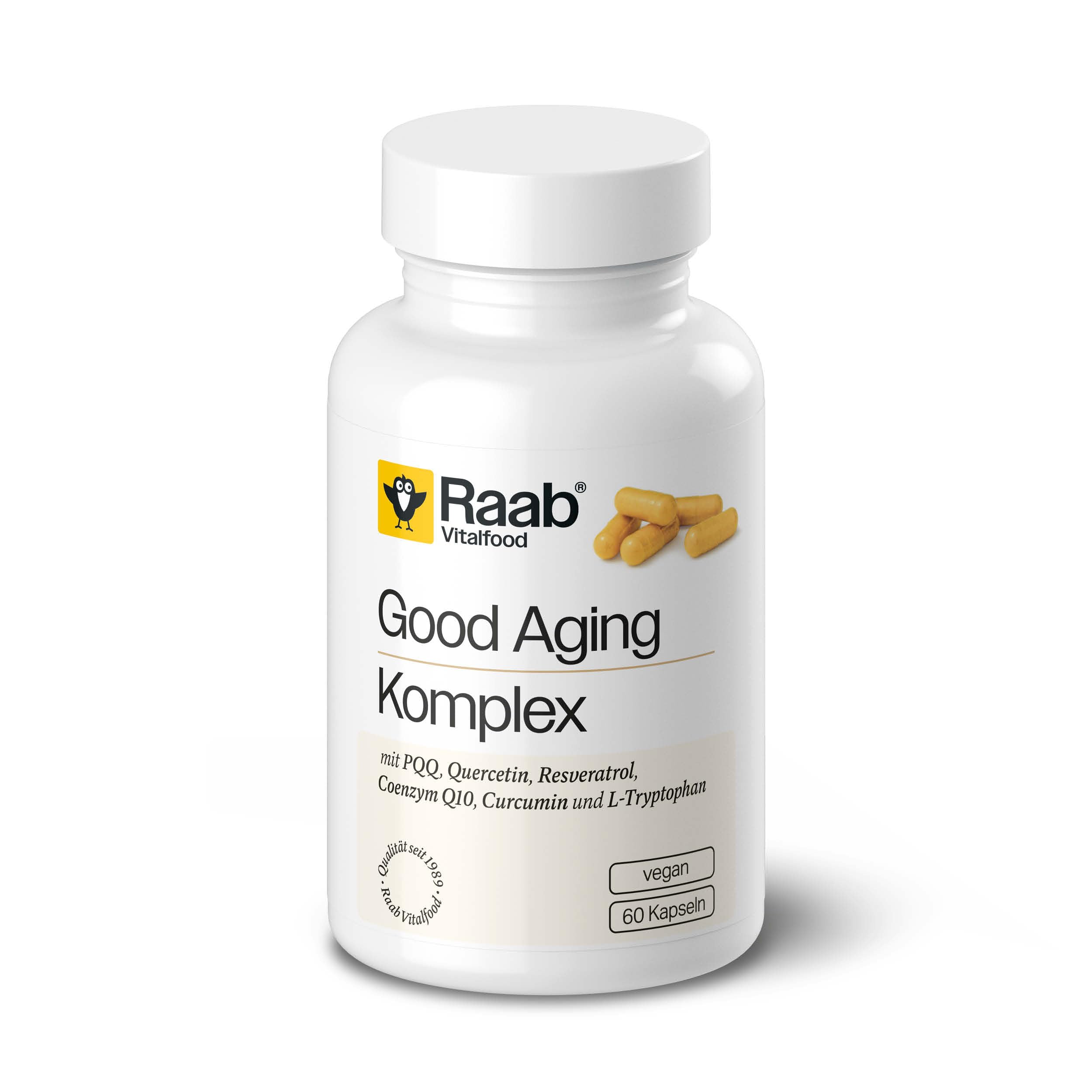Raab Vitalfood® Good Aging Komplex Kapseln (60 Stück) - 10 in 1 Kapsel für gutes Altern, mit PQQ (MGCPQQ®), Quercetin, Curcuma, trans-Resveratrol, Coenzym Q10, L-Tryptophan, Zink und Vitaminen