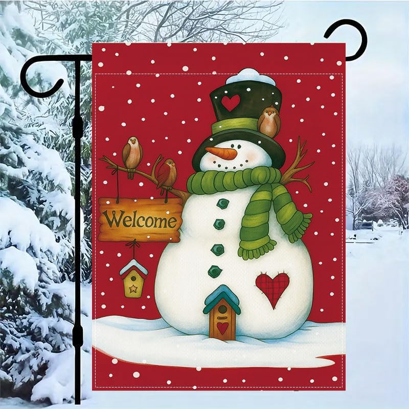 Christmas Snowman Garden Flag 12x18 Inch Winter Holiday Yard Outdoor Decorations with Birds, Welcome Sign & Snowflakes, outdoor flags - Image 8