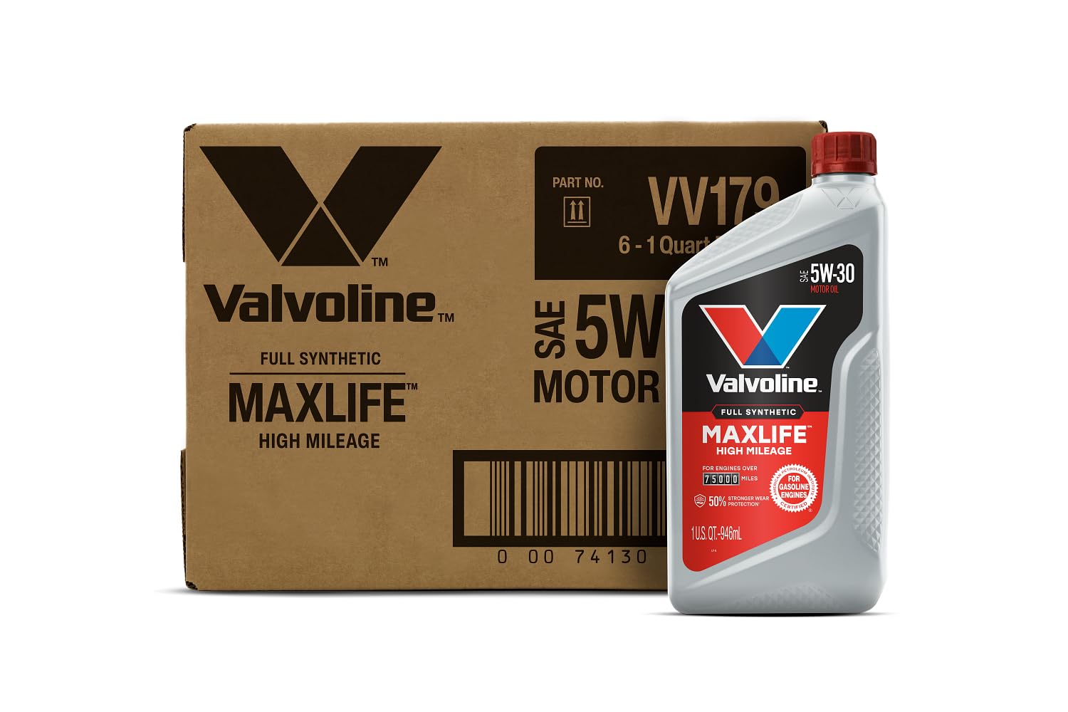 Full Synthetic High Mileage with MaxLife Technology SAE 5W-30 Motor Oil 1 QT, Case of 6