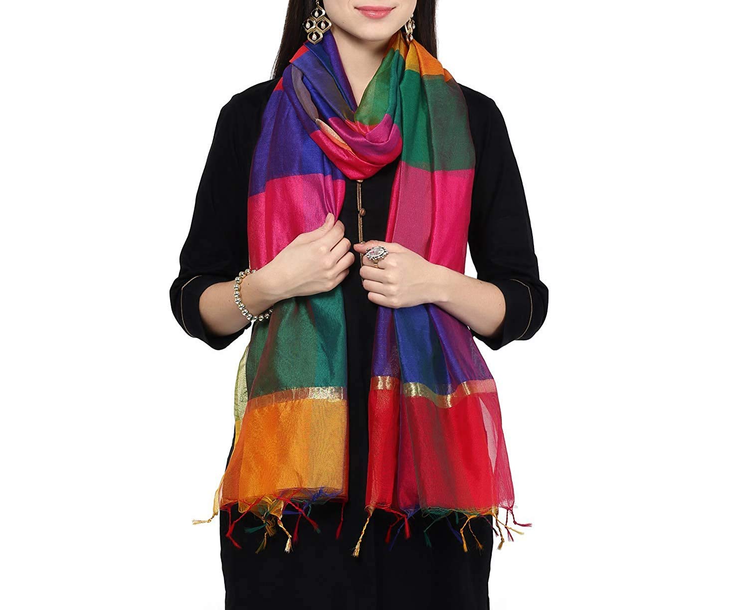 Weavers Villa Women's Poly Silk Checkered Dupatta (Multicolor, 2.2 Meter)