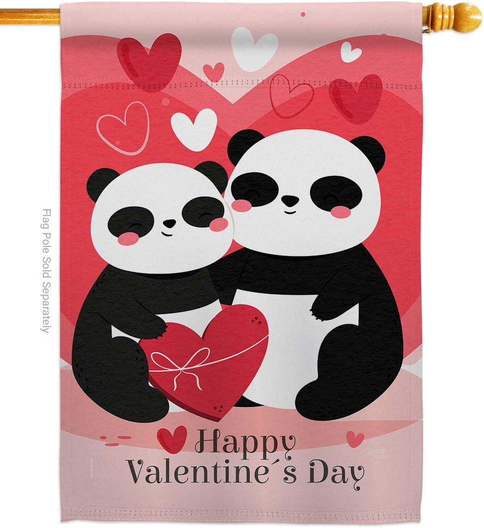 Breeze Decor Panda with Love House Flag Springtime Valentine Happy Heart Couple Romantic February Holiday Decoration Banner Small Garden Yard Gift Double-Sided, Made in USA