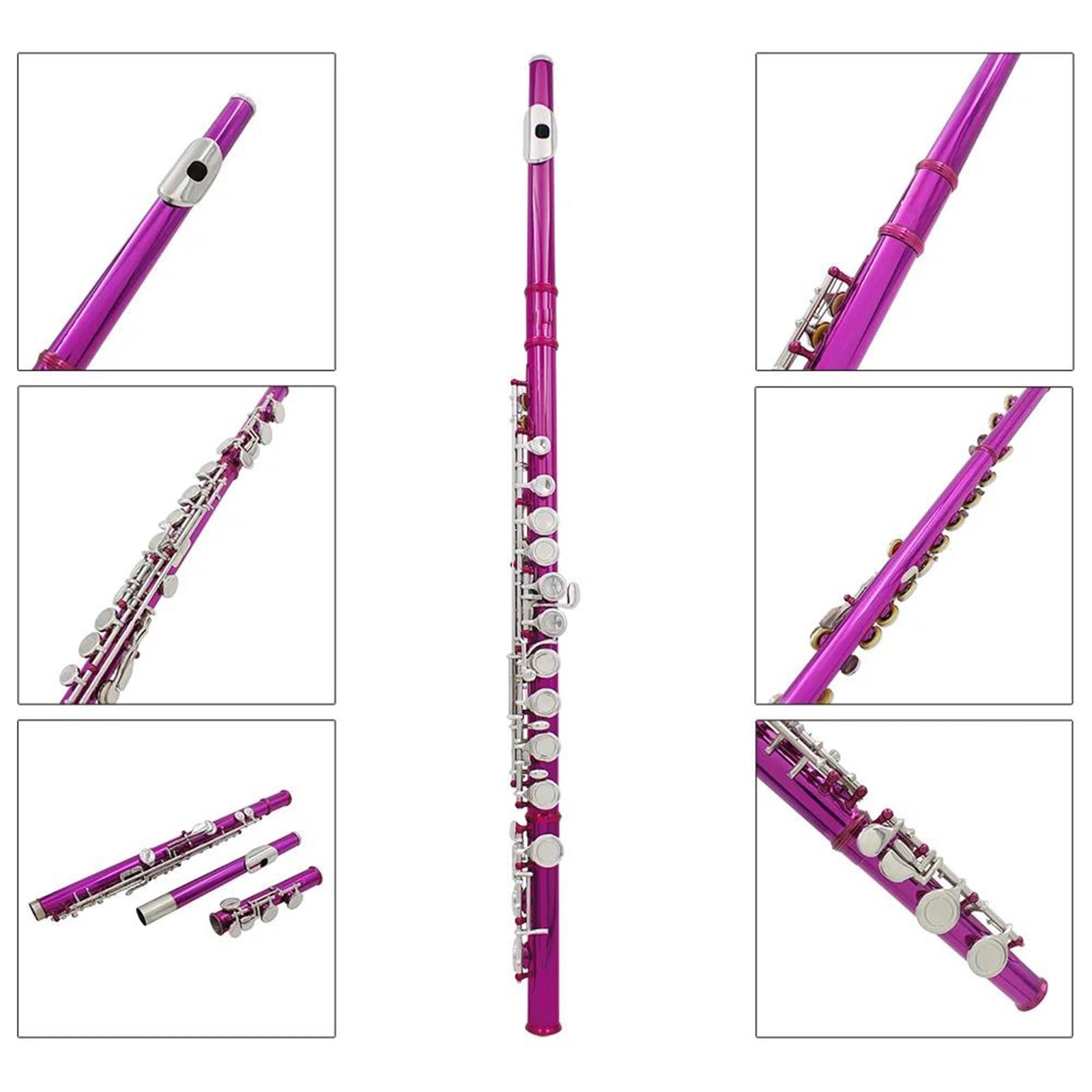 Flet Instrumenty Muzyczne 16 Zamkniętych Otwartych Otworów C Key Professional Wykonaj Skórę Z Poprzecznym Rowkiem Zestawami Pudełek Częściami(Rose)