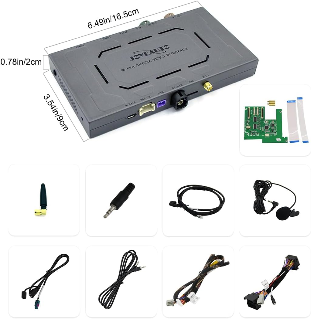 Diagram showing the dimensions of the JOYEAUTO multimedia video interface and various included cables and components.