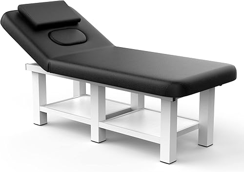 Mesa de masaje estacionaria con respaldo y espacio de almacenamiento, 6 patas cuadradas, marco de metal, piel sintética, 31.5 pulgadas de ancho x 75