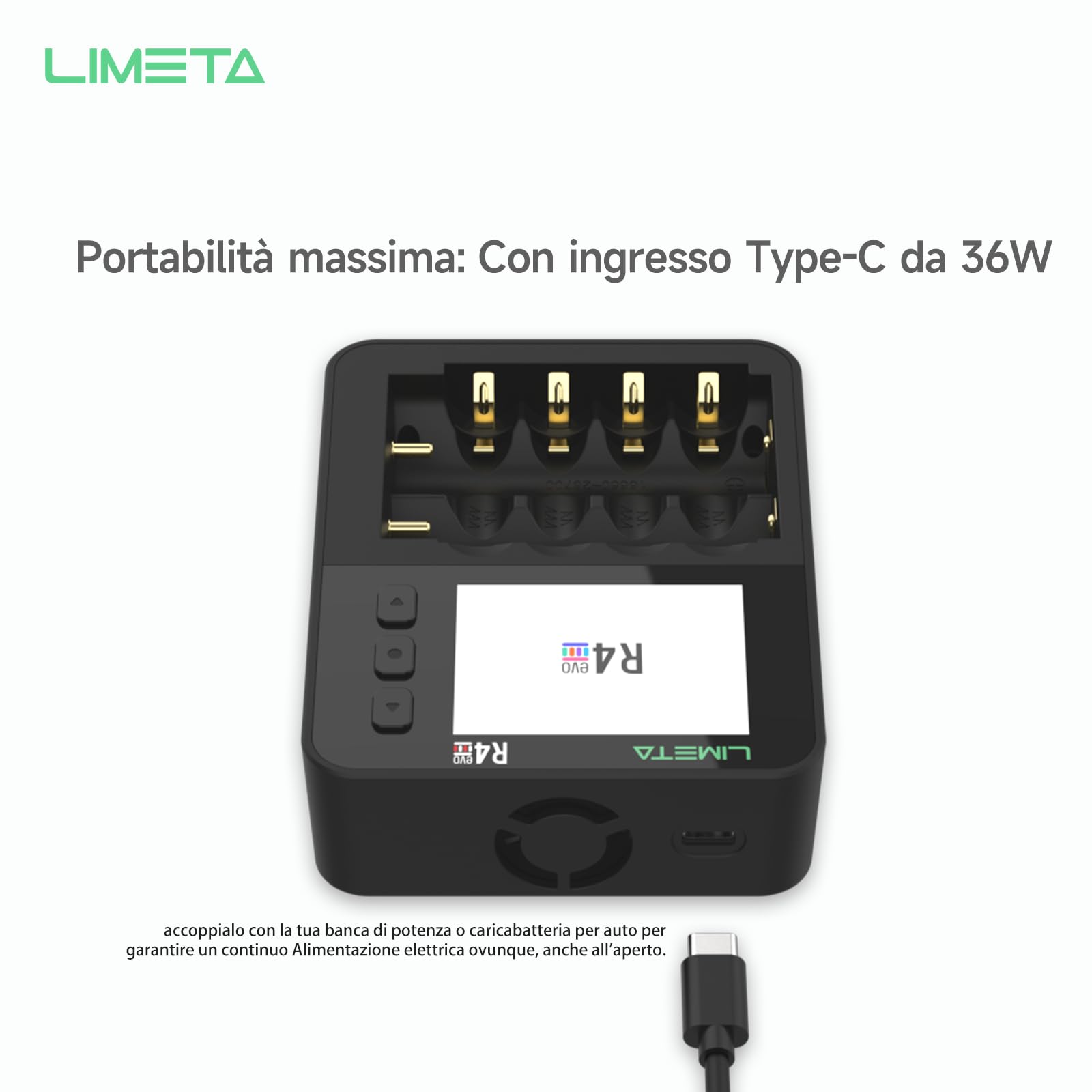 LIMETA R4EVO Carica Batterie Ricaricabili AA e AAA 18650 Ni-mh Li-ion Caricabatterie Rapido per pile Ricaricabili, Caricabatterie Intelligente con Display Funzioni di Scarica Analisi e Rigenerazione